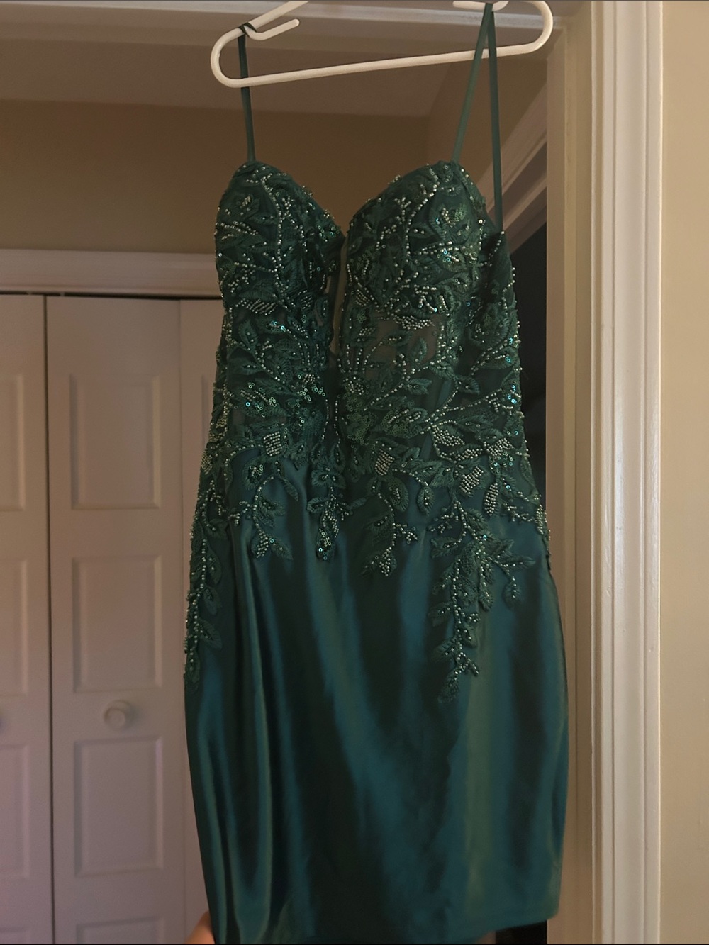 Beaded Emerald Green Spaghetti Strap Cocktail Dress